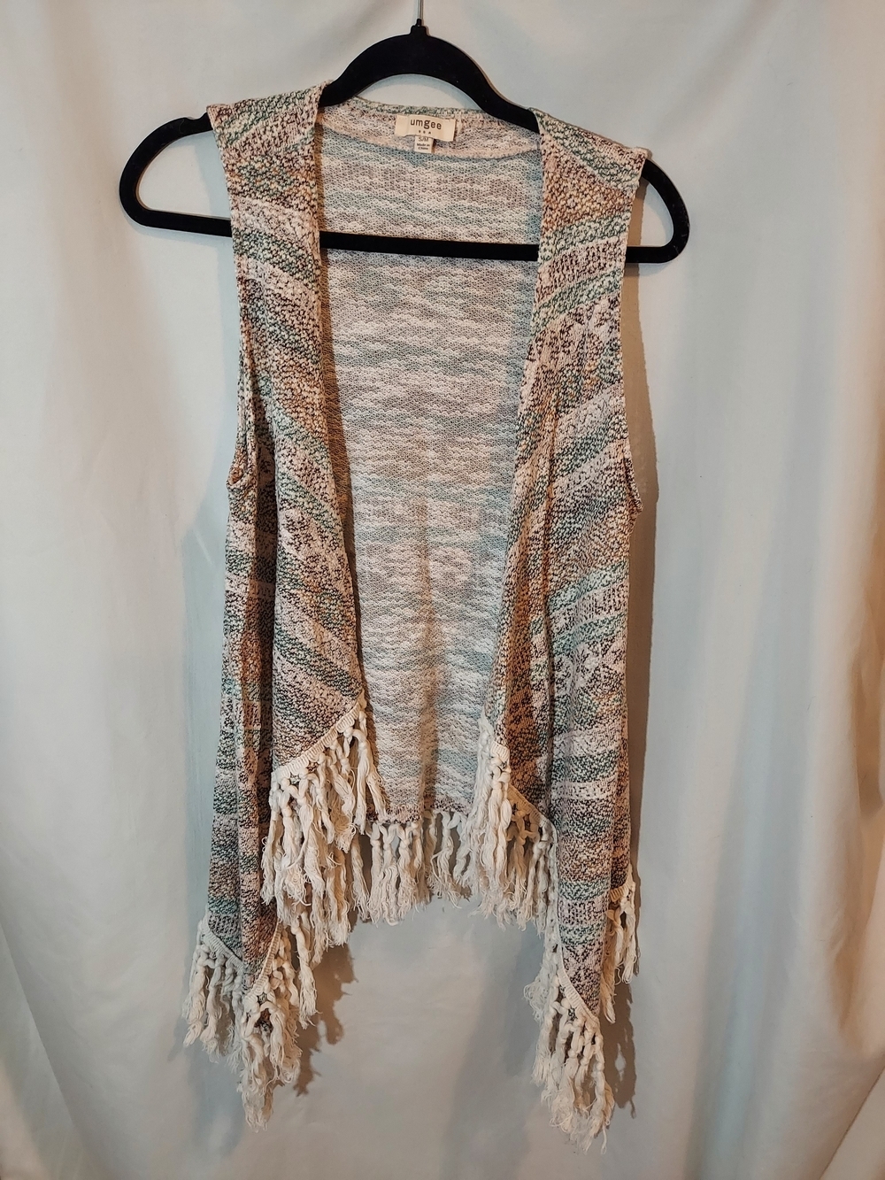 Umgee Boho Nubby Multi-Knit Fringed Aztec Sweater Vest Topper S/M